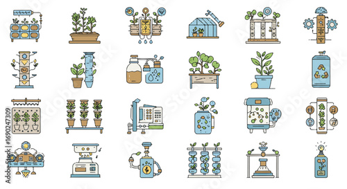 Collection of various indoor gardening and hydroponic systems.