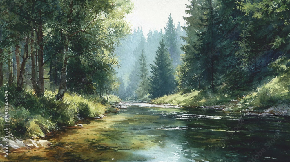Obraz premium Serene watercolor painting features a river flowing through a lush green forest scene.