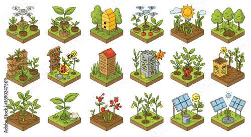 Isometric Smart Farming Sustainable Agriculture Technology Icons Set.