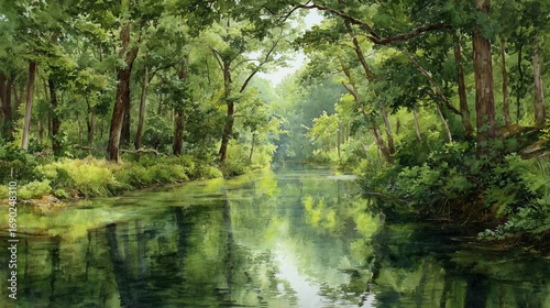 A tranquil watercolor painting of a river flowing through a lush, green forest landscape.