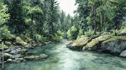 Watercolor painting features a tranquil river flowing through a lush, green forest scene.