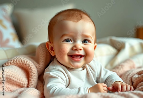 A cherubic infant on a soft blanket, at home, smiling,  precious,  domestic