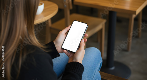 Mockup, woman's hands holding mobile phone with blank screen in coffee shop. Woman using smartphone, looking at the screen, over shoulder view, closeup 