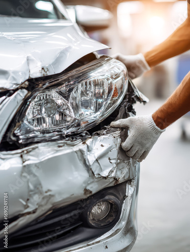Damaged front end of a silver vehicle after collision repair or accident assessment