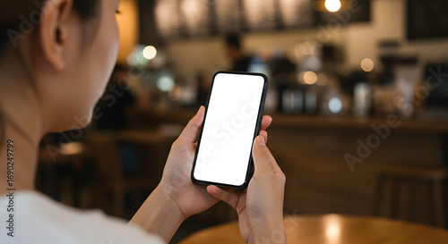 Mockup, woman's hands holding mobile phone with blank screen in coffee shop. Woman using smartphone, looking at the screen, over shoulder view, closeup 