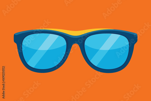 Illustration of blue sunglasses with a yellow accent, featuring round lenses and a bold frame, set against an orange background