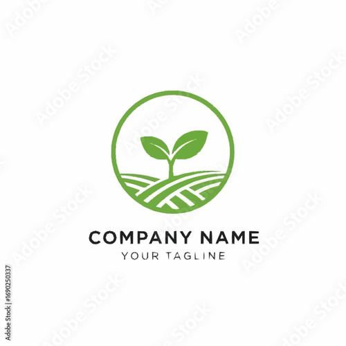 Green logo featuring a sprout growing from a field, enclosed in a circle, with company name and tagline.
