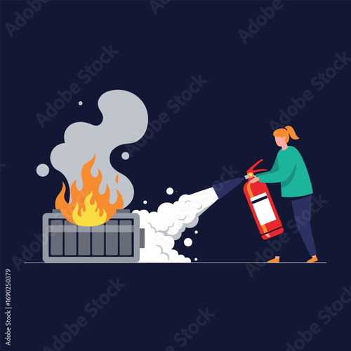 Woman bravely extinguishes burning battery with fire extinguisher, averting disaster