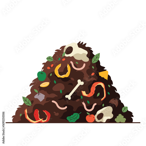 Organic composting pile with worms, bones, and fruit scraps for sustainable garden soil enrichment