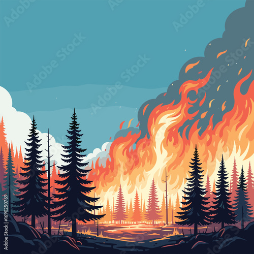 Devastating forest fire rages creating dramatic smoky inferno against clear blue sky