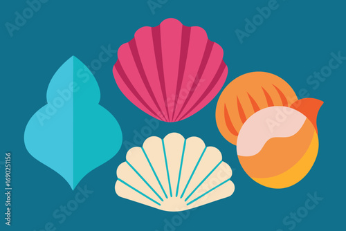 Vector art of a vibrant collection of seashells in various shapes and colors, arranged against a teal backdrop, evoking a sense of summer, beach, and marine life