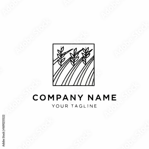 A minimalist black and white line art logo featuring a square frame enclosing stylized wheat stalks and rolling fields, with space for company name and tagline below.