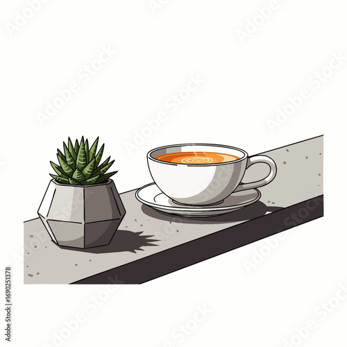 A minimalist illustration shows a potted succulent in a geometric planter next to a cup of warm beverage, creating a tranquil, contemporary desktop scene.