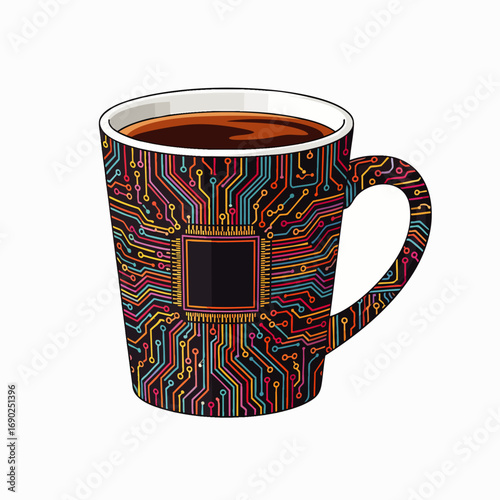 A unique illustration presents a coffee mug adorned with a colorful, intricate circuit board pattern and a central microchip, filled with a dark, energizing liquid.