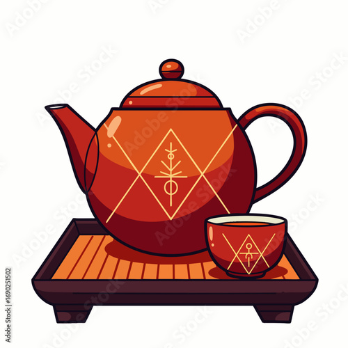 A beautifully illustrated red teapot and matching teacup, adorned with unique geometric symbols, resting on a bamboo tray, evoking a serene tea ceremony experience.