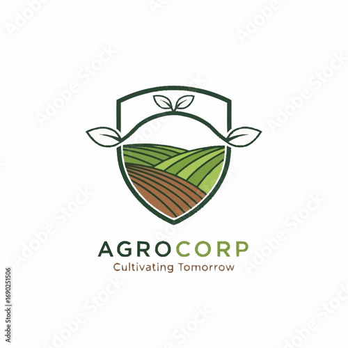 An agricultural business logo for Agrocorp, featuring a shield emblem with rolling farm fields and a leafy vine.