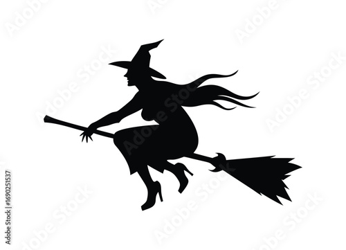 Spooky halloween silhouette of a witch flying on a broomstick with flowing hair