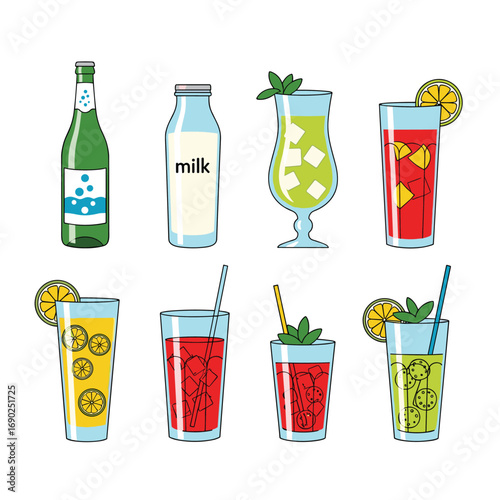Refreshing colorful drinks and beverages collection perfect for summer parties and healthy lifestyle content