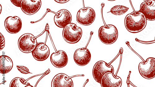 Vintage drawing cherry sketch wallpaper. Red  pattern on white background, sketch style.	