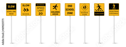 Set of school signs zone. Pedestrian. Road and Traffic signs for kids safety. Caution and warning symbol. School zone crossing Sign.