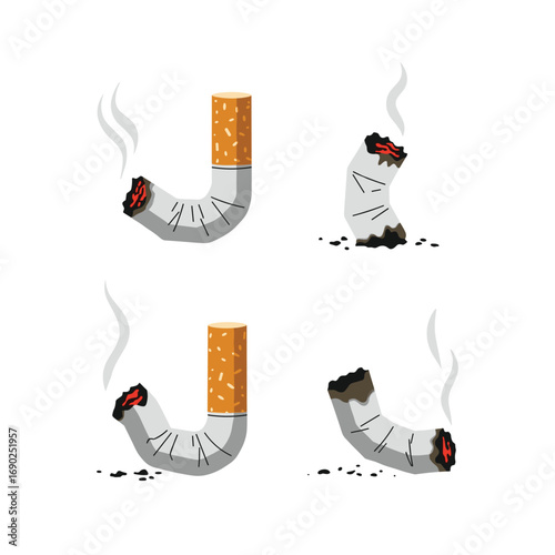 Discarded cigarette butts with smoke and embers symbolize unhealthy habits and addiction