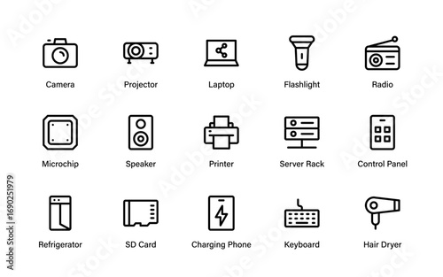 Professional Devices Electronics Line Icon Set Featuring Modern Vector Graphics of Gadgets, Technology, Hardware Tools, and Minimal Digital Components