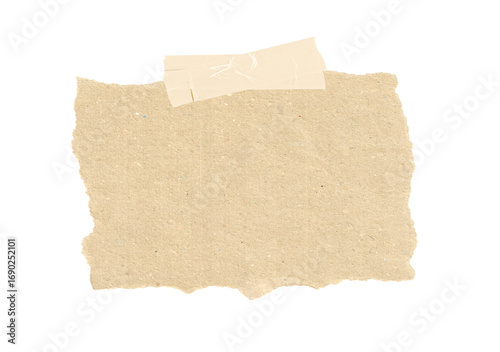 Brown torn paper note with adhesive tape isolated on a white background, Vintage grunge note paper pieces with ripped tape labels.