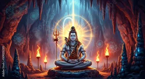 Wallpaper Mural Spiritual Lord Shiva Meditating in Mystical Cave with Glowing Aura and Fire Torches Torontodigital.ca