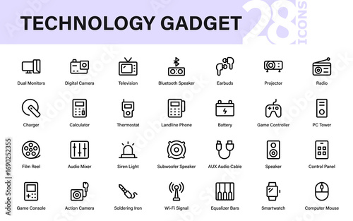 Modern Technology Gadget Professional Line Icon Collection Featuring Minimal Vector Graphics of Technology, Gadgets, and Essential Hardware Illustrations