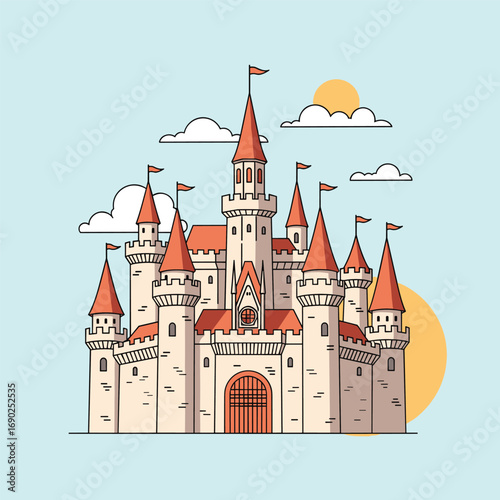 Magical fairytale castle illustration with flags, clouds, and sun against a blue sky