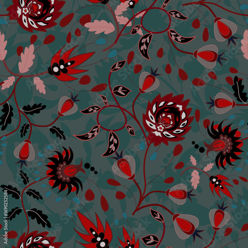 Floral seamless folk pattern, ethnic folklore flowers. Ethnic flowers, Jacobean traditional style on a white background. Classic indian motifs, trendy vector illustration
