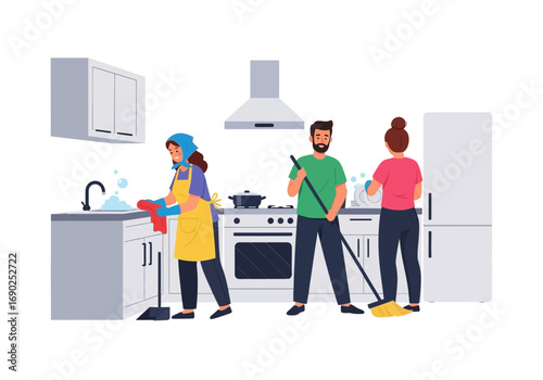 Three individuals cleaning the kitchen by the sink, stove, and refrigerator. Suitable for household cleaning themes and lifestyle blogs.