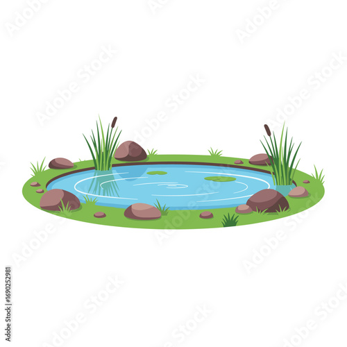 Tranquil garden pond with water lilies and cattails surrounded by smooth stones and green grass
