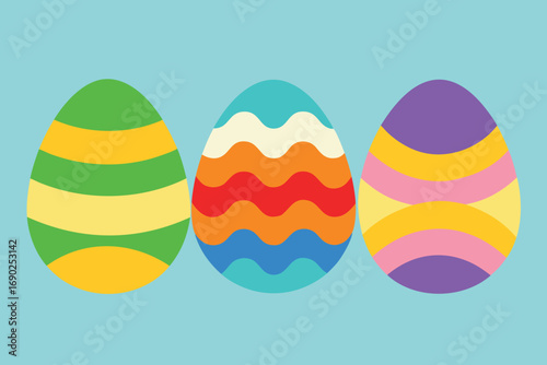 Vector art of three easter eggs with colorful patterns on a blue background, creating a vibrant and festive spring holiday illustration for decoration and celebration