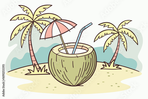 Vector art of a tropical coconut drink with umbrella on a beach with palm trees, , perfect for summer vacation