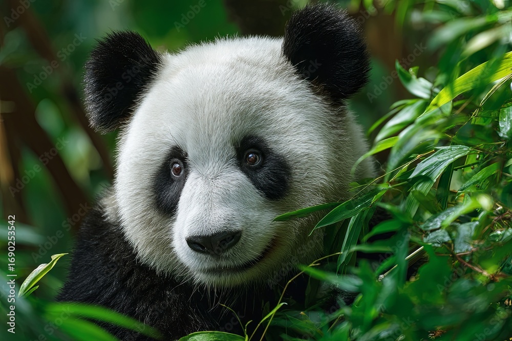 Obraz premium Calm Panda Surrounded by Green Bamboo