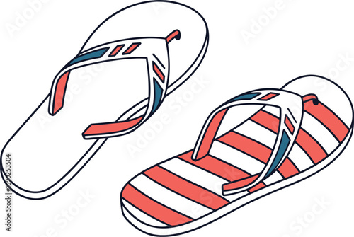 Vector art of pair of flipflops, one with a white base and the other with red and white stripes, both with red and blue straps
