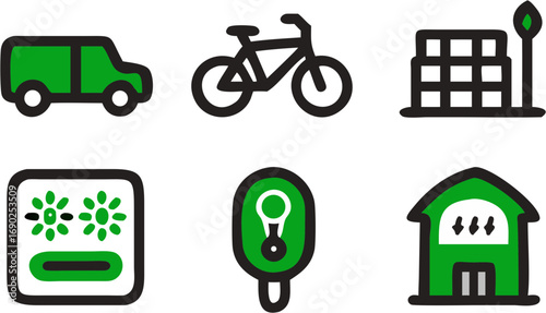 Icons representing sustainable urban living including transport energy consumption and community development for eco friendly cities