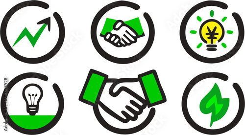 Business icons showing growth progress handshake agreement idea generation innovation and green strategy for company development