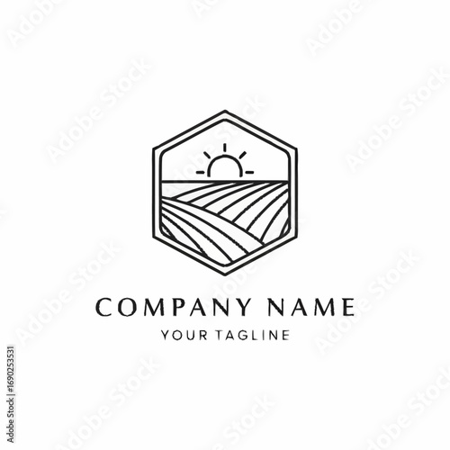 Minimalist line art logo design featuring a hexagonal frame enclosing rolling fields and a rising sun, ideal for agriculture or nature-related businesses.