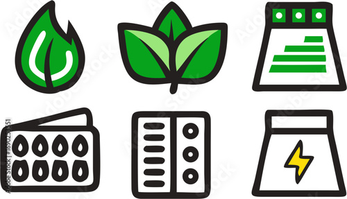 Icons representing renewable energy sources including leaves fire and electricity generation from clean power solutions for a sustainable future