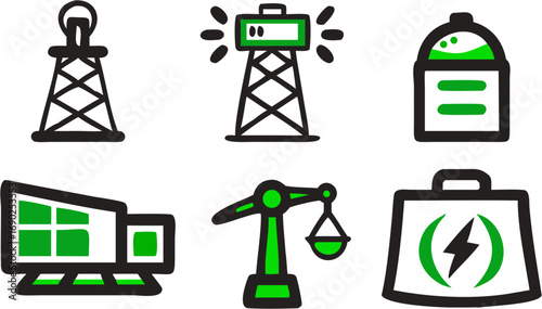 Collection of industrial and energy related icons including towers solar panels a crane and a power bag for energy symbols