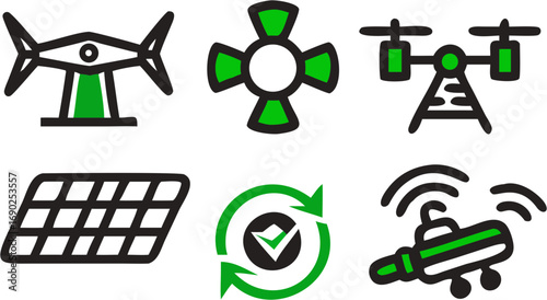 Six icons representing aerial drones solar panels a propeller and technology for innovation and future development in smart cities