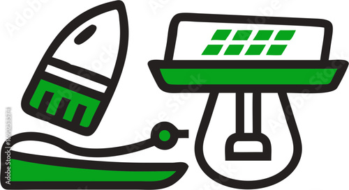 Innovative electric iron and solar panel icon for sustainable clothing care and home appliance technology renewable energy solutions