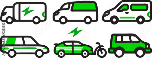 Collection of electric vehicles including vans trucks cars and a bicycle symbolizing clean energy and sustainable transportation options