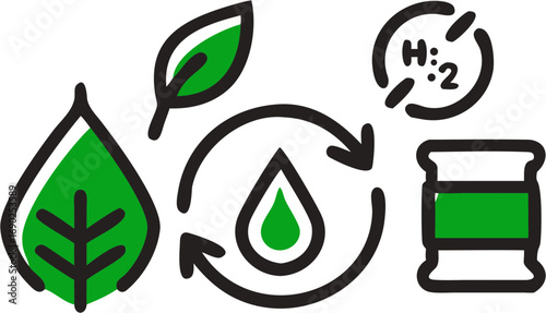 Renewable energy source concept with leaf water droplet hydrogen fuel and barrel suggesting sustainable fuel production and a green economy