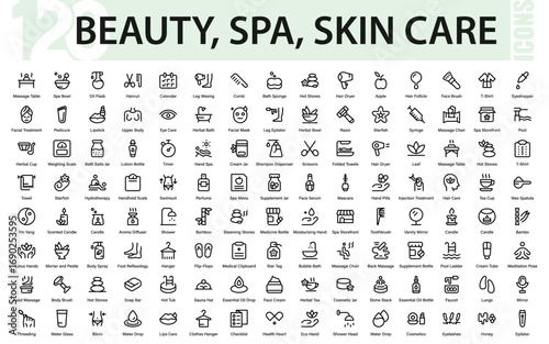 Professional Beauty Spa and skin care Line Icon Set with modern, minimal, and creative style, offering unique vector design for premium visual presentation
