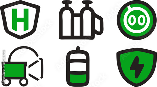 Collection of clean outline icons featuring a shield with h a battery a cart with an airflow symbol twin tanks and a circular face design