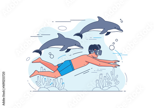 Person swimming with dolphins in underwater cartoon illustration, great for childrens books, educational materials, and aquaticthemed designs.