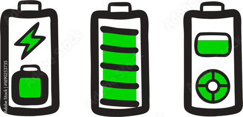 Three simple drawn battery icons showing different power levels of charge energy electricity symbol and technology